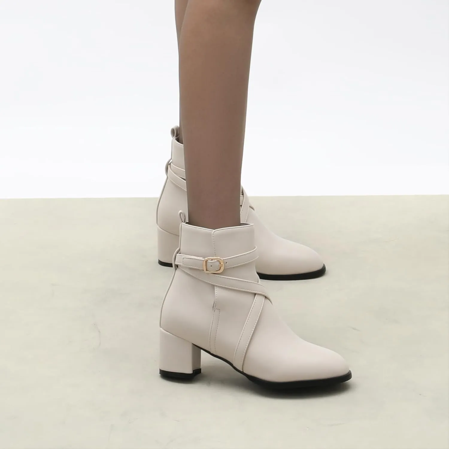 NUMALEO Womens Buckle Outdoor Suede Casual Round Toe Chunky Low Heel Ankle High Boots 2 Inch