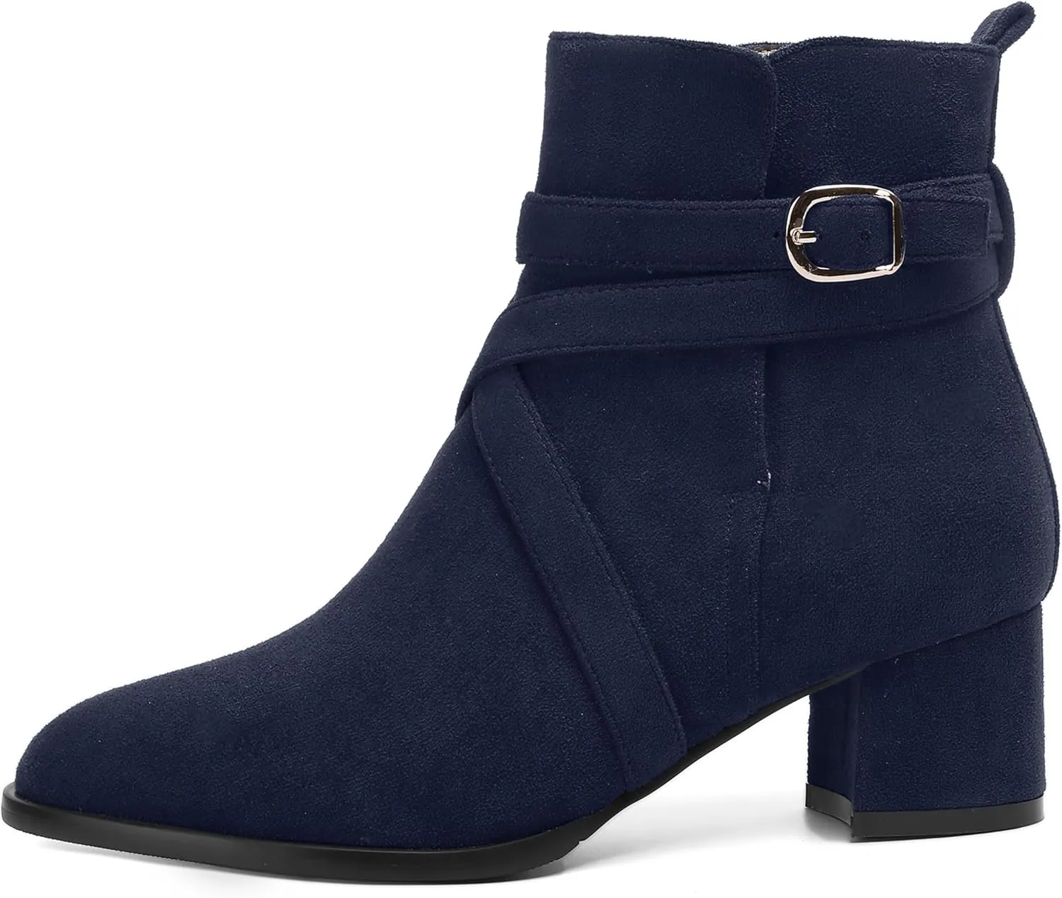 NUMALEO Womens Buckle Outdoor Suede Casual Round Toe Chunky Low Heel Ankle High Boots 2 Inch