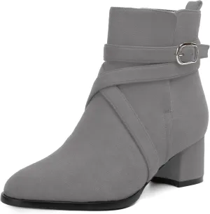 NUMALEO Womens Buckle Outdoor Suede Casual Round Toe Chunky Low Heel Ankle High Boots 2 Inch