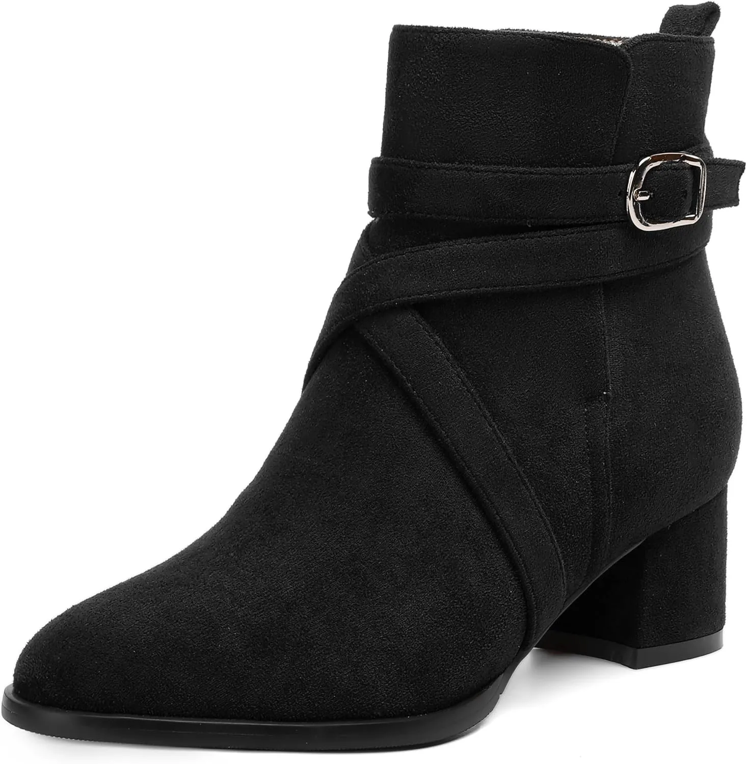 NUMALEO Womens Buckle Outdoor Suede Casual Round Toe Chunky Low Heel Ankle High Boots 2 Inch
