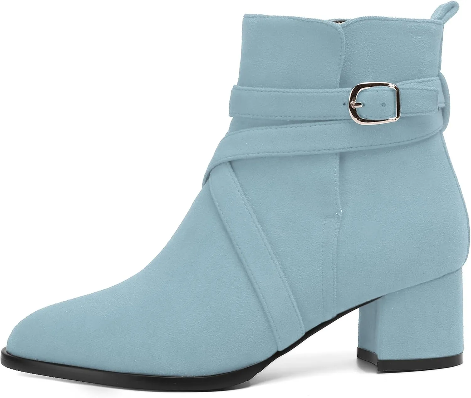 NUMALEO Womens Buckle Outdoor Suede Casual Round Toe Chunky Low Heel Ankle High Boots 2 Inch