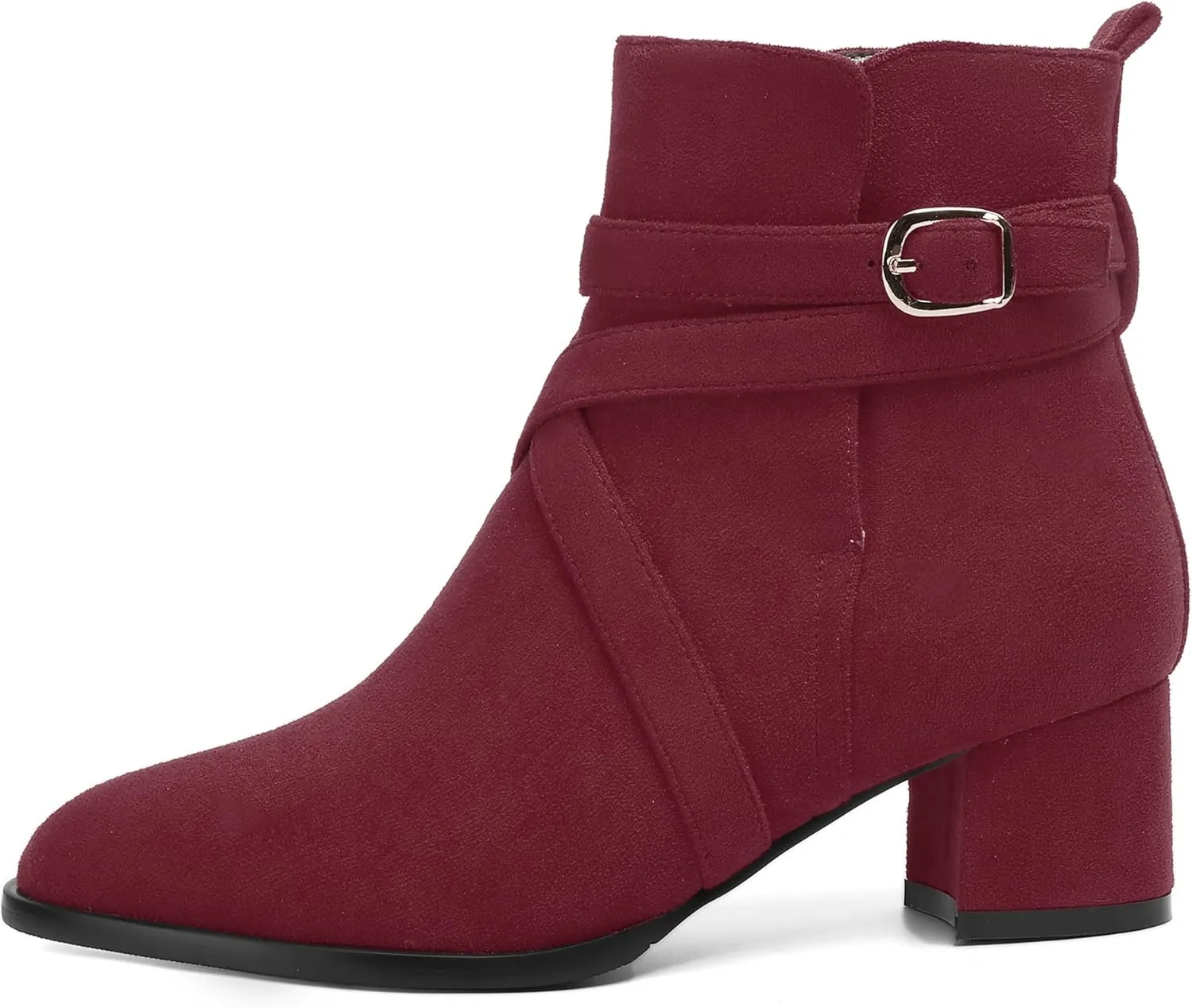 NUMALEO Womens Buckle Outdoor Suede Casual Round Toe Chunky Low Heel Ankle High Boots 2 Inch