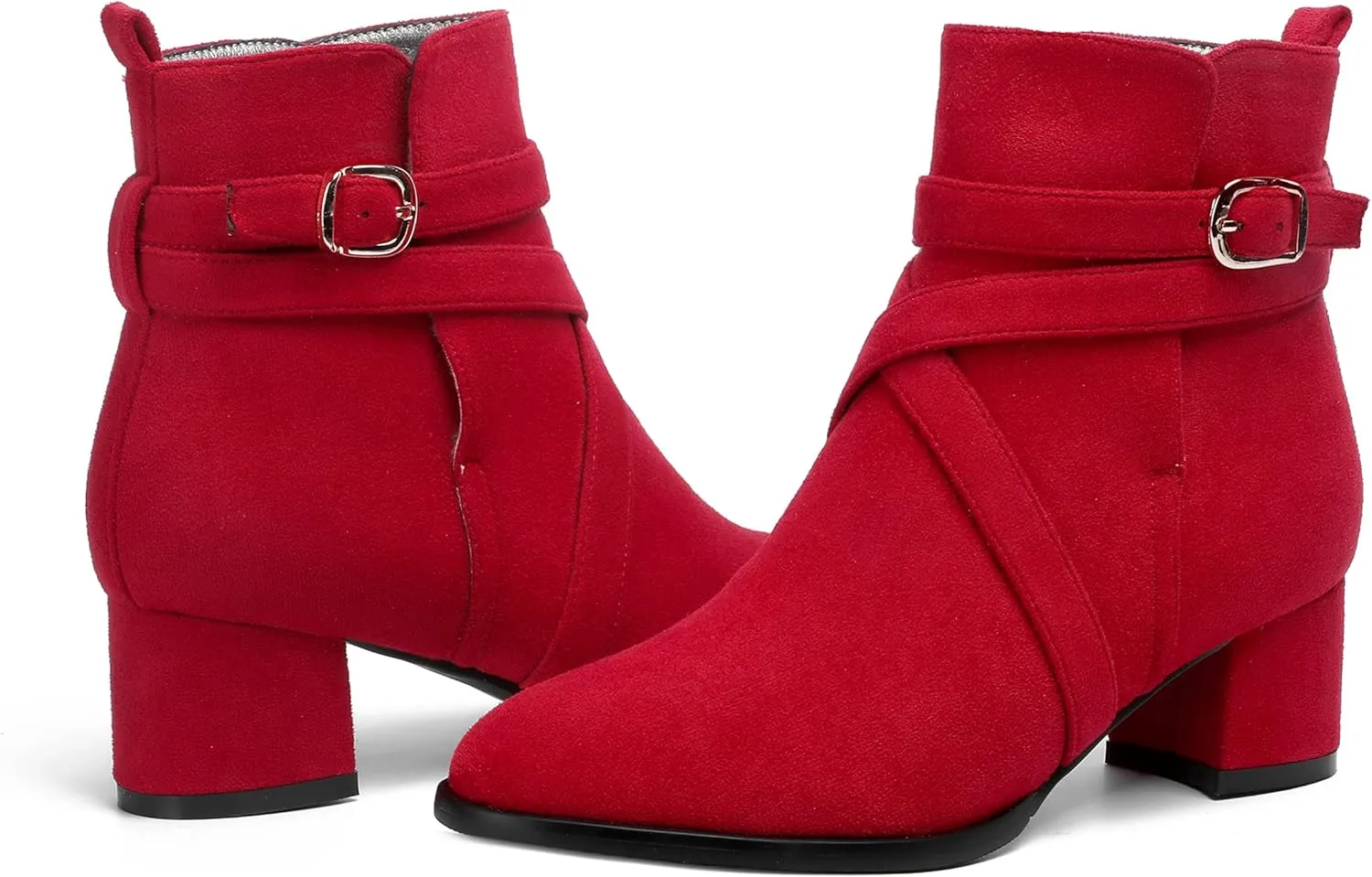 NUMALEO Womens Buckle Outdoor Suede Casual Round Toe Chunky Low Heel Ankle High Boots 2 Inch