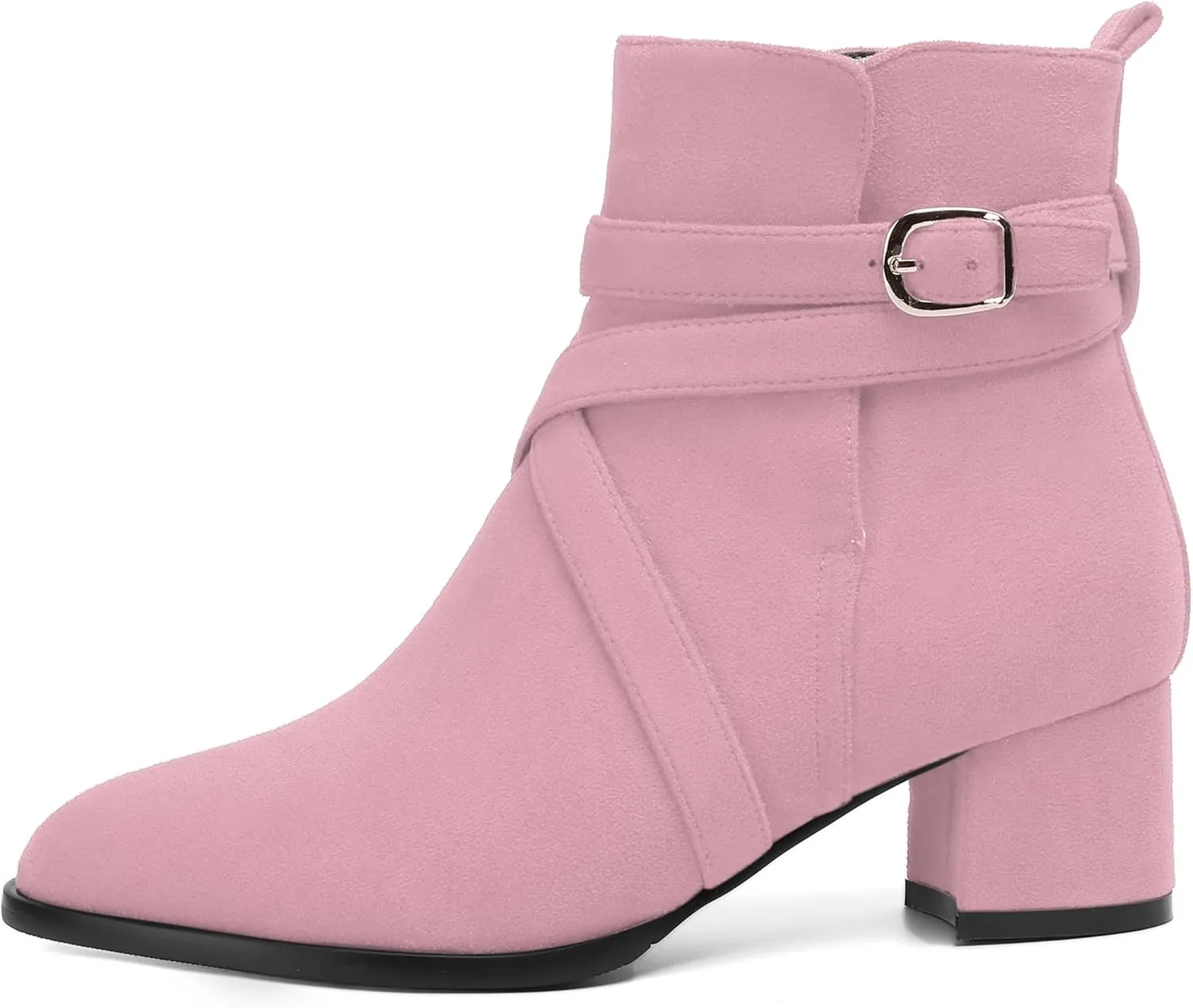 NUMALEO Womens Buckle Outdoor Suede Casual Round Toe Chunky Low Heel Ankle High Boots 2 Inch