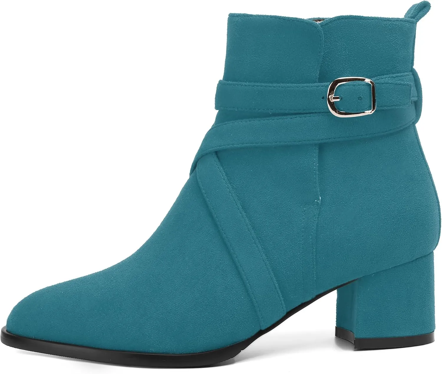 NUMALEO Womens Buckle Outdoor Suede Casual Round Toe Chunky Low Heel Ankle High Boots 2 Inch