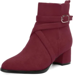 NUMALEO Womens Buckle Outdoor Suede Casual Round Toe Chunky Low Heel Ankle High Boots 2 Inch