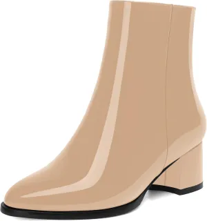 NUMALEO Womens Patent Evening Fashion Zip Round Toe Chunky Low Heel Ankle High Boots 2 Inch