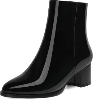 NUMALEO Womens Patent Evening Fashion Zip Round Toe Chunky Low Heel Ankle High Boots 2 Inch