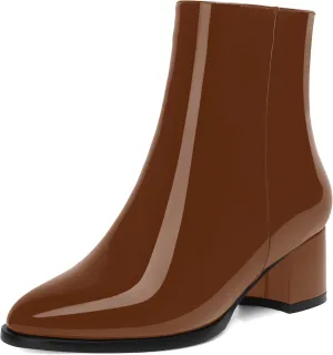 NUMALEO Womens Patent Evening Fashion Zip Round Toe Chunky Low Heel Ankle High Boots 2 Inch