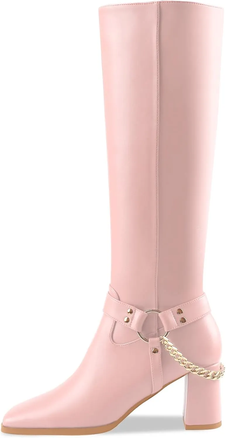 Oh Mispares Knee High Boots Slim Calf Square Toe Chunky Heel Narrow Calves Boots for Women Skinny Legs - Faux Leather Fall Winter Dress Riding Moto Tall 3 Inches Heels Boots for Girls