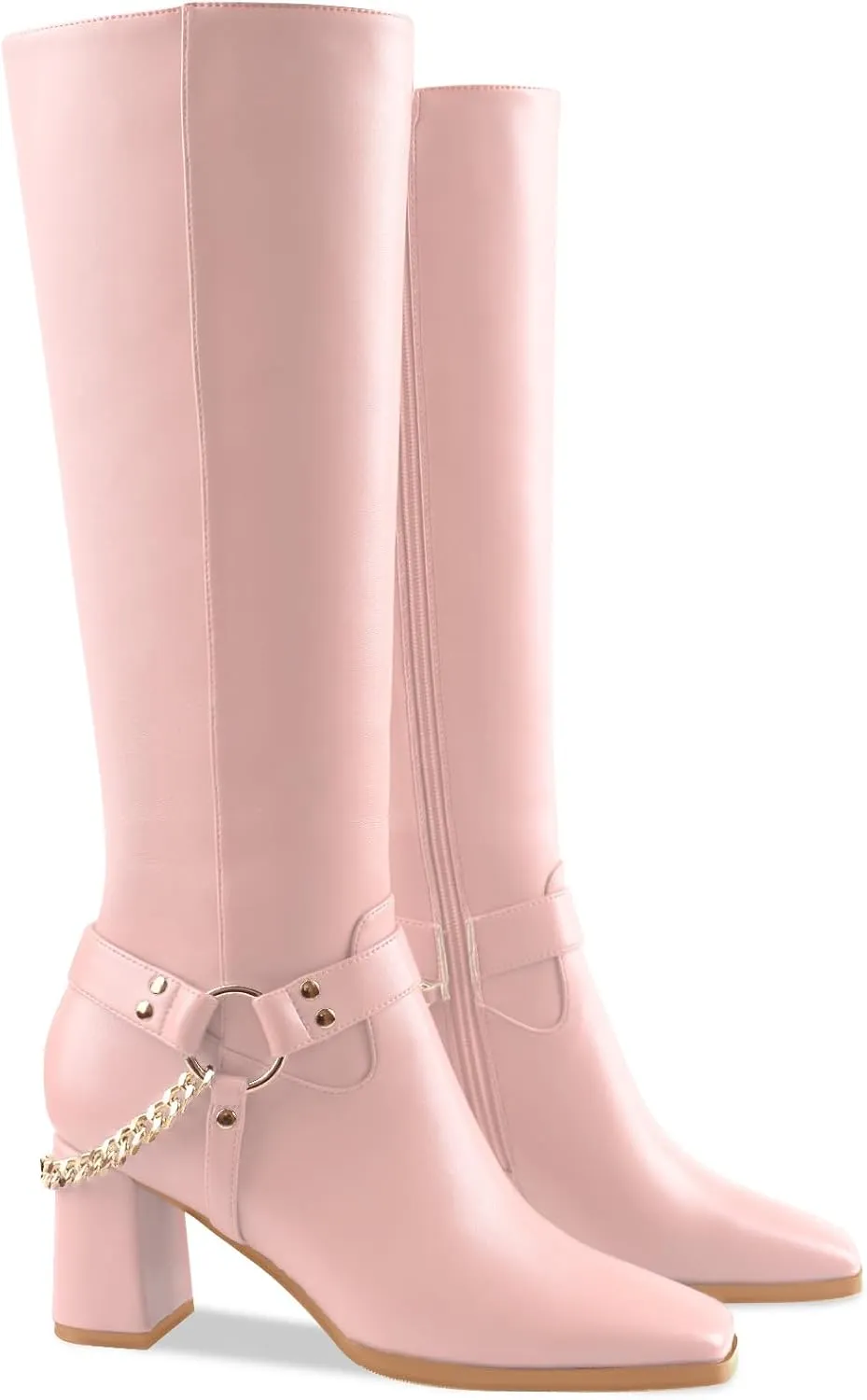 Oh Mispares Knee High Boots Slim Calf Square Toe Chunky Heel Narrow Calves Boots for Women Skinny Legs - Faux Leather Fall Winter Dress Riding Moto Tall 3 Inches Heels Boots for Girls