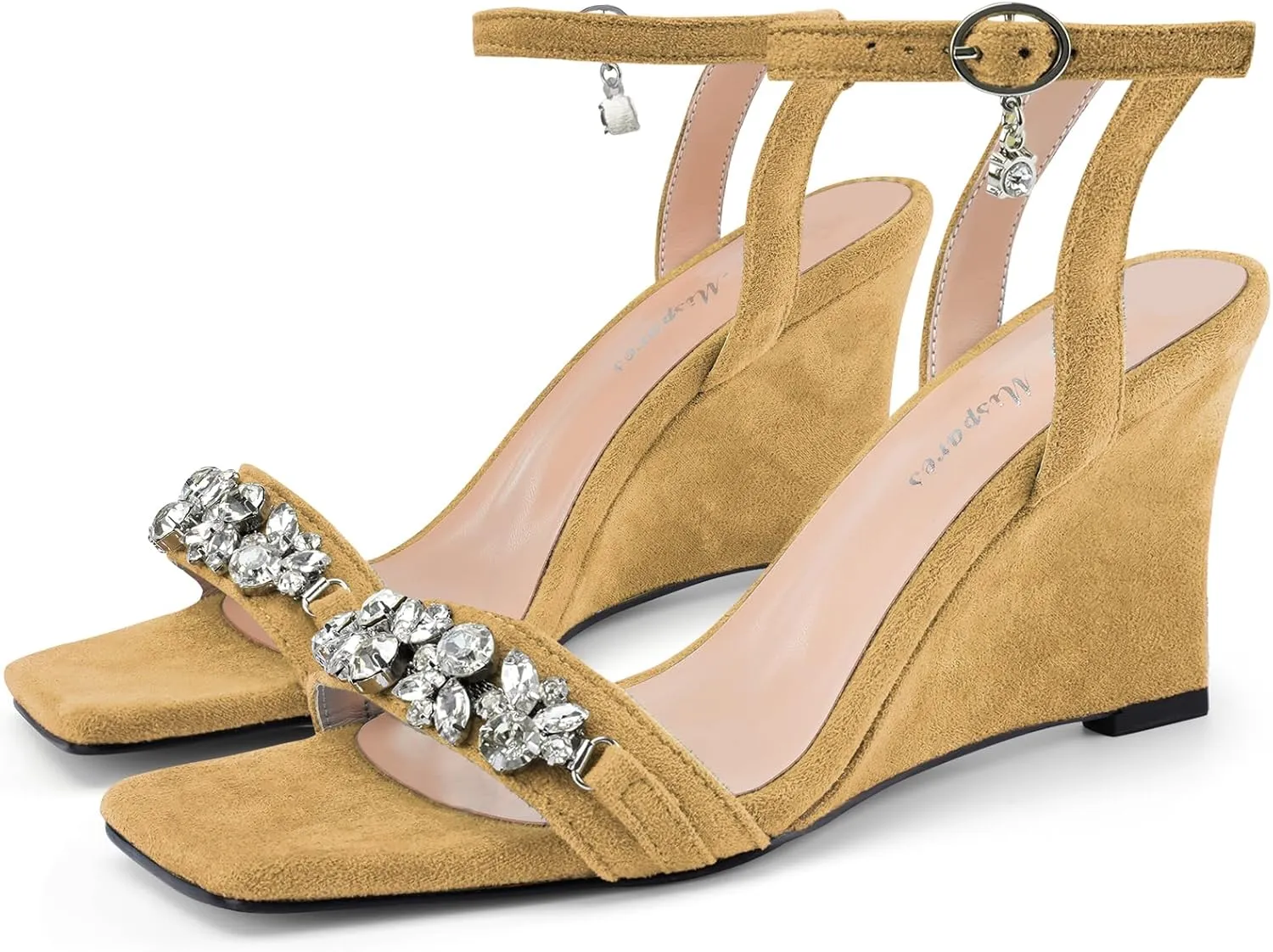 Oh Mispares Wedge Sandals for Women Square Open Toe Rhinestone Suede Dress Shoes Adjustable Strap 3 Inch Heels