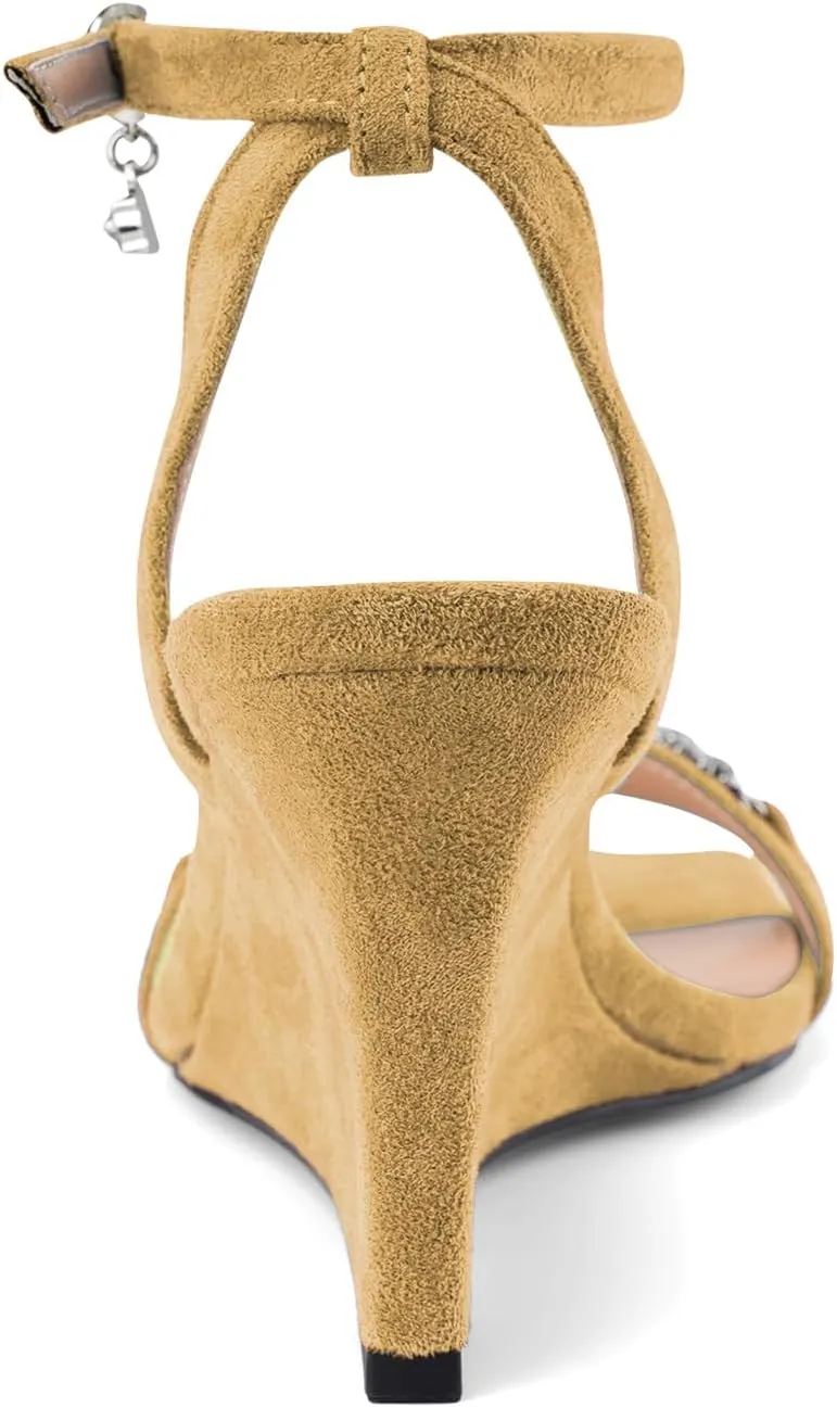 Oh Mispares Wedge Sandals for Women Square Open Toe Rhinestone Suede Dress Shoes Adjustable Strap 3 Inch Heels