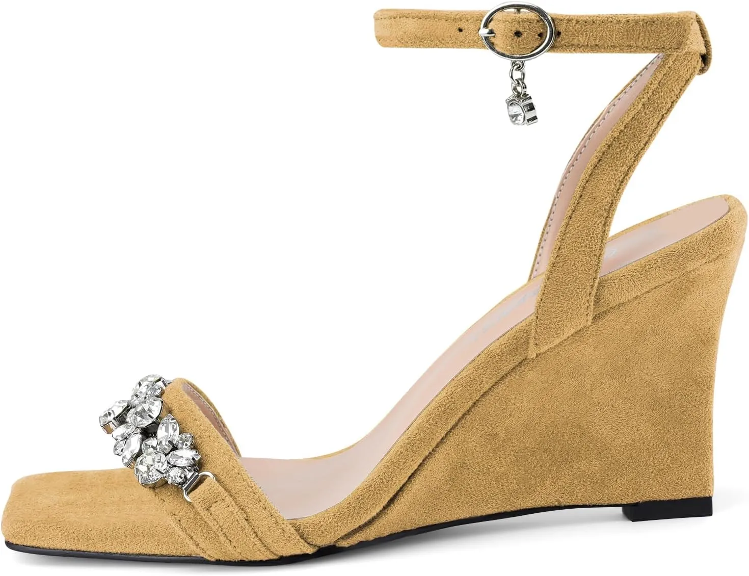 Oh Mispares Wedge Sandals for Women Square Open Toe Rhinestone Suede Dress Shoes Adjustable Strap 3 Inch Heels