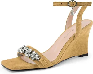 Oh Mispares Wedge Sandals for Women Square Open Toe Rhinestone Suede Dress Shoes Adjustable Strap 3 Inch Heels