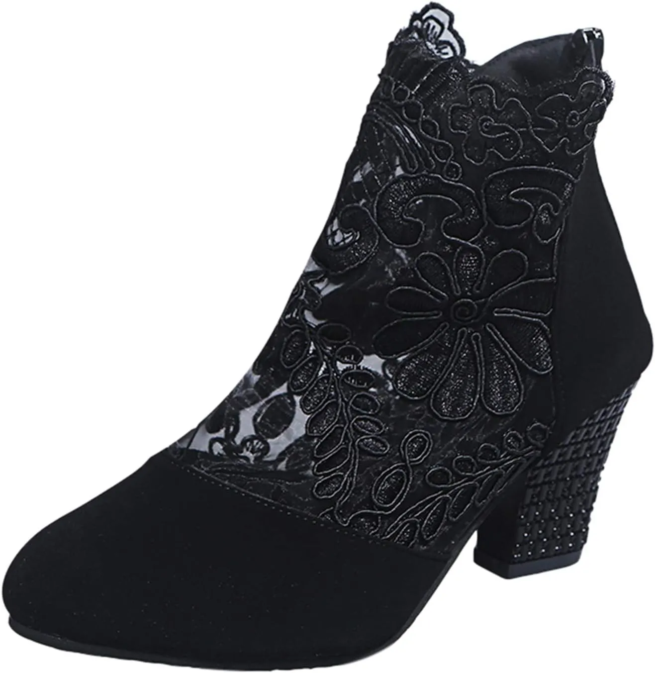 oiangi Womens Flowers Lace Mesh Sandals Thick Heel Casual Summer Closed Toe Back Zipper Chunky High Heel Shoes Elegant Comfortable Breathable Shoes