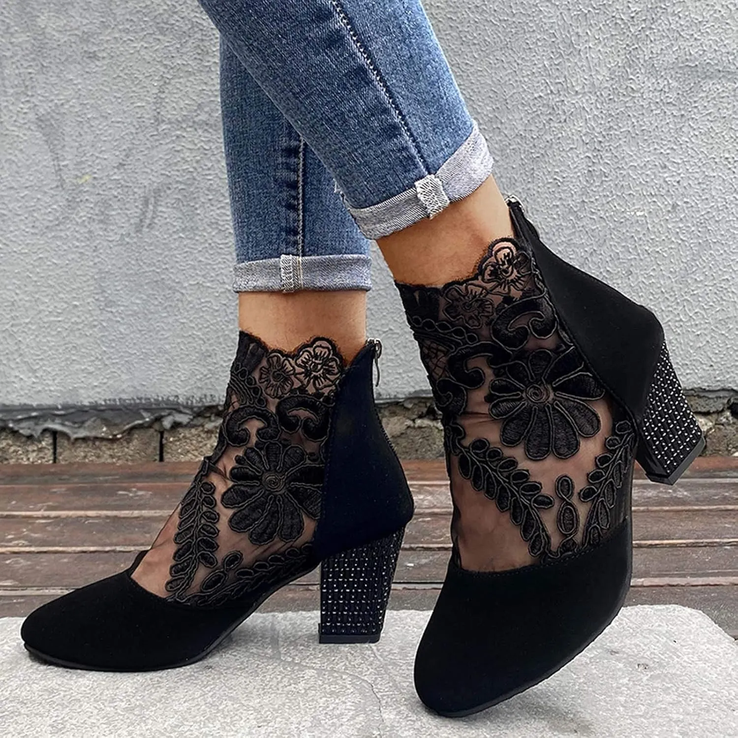 oiangi Womens Flowers Lace Mesh Sandals Thick Heel Casual Summer Closed Toe Back Zipper Chunky High Heel Shoes Elegant Comfortable Breathable Shoes