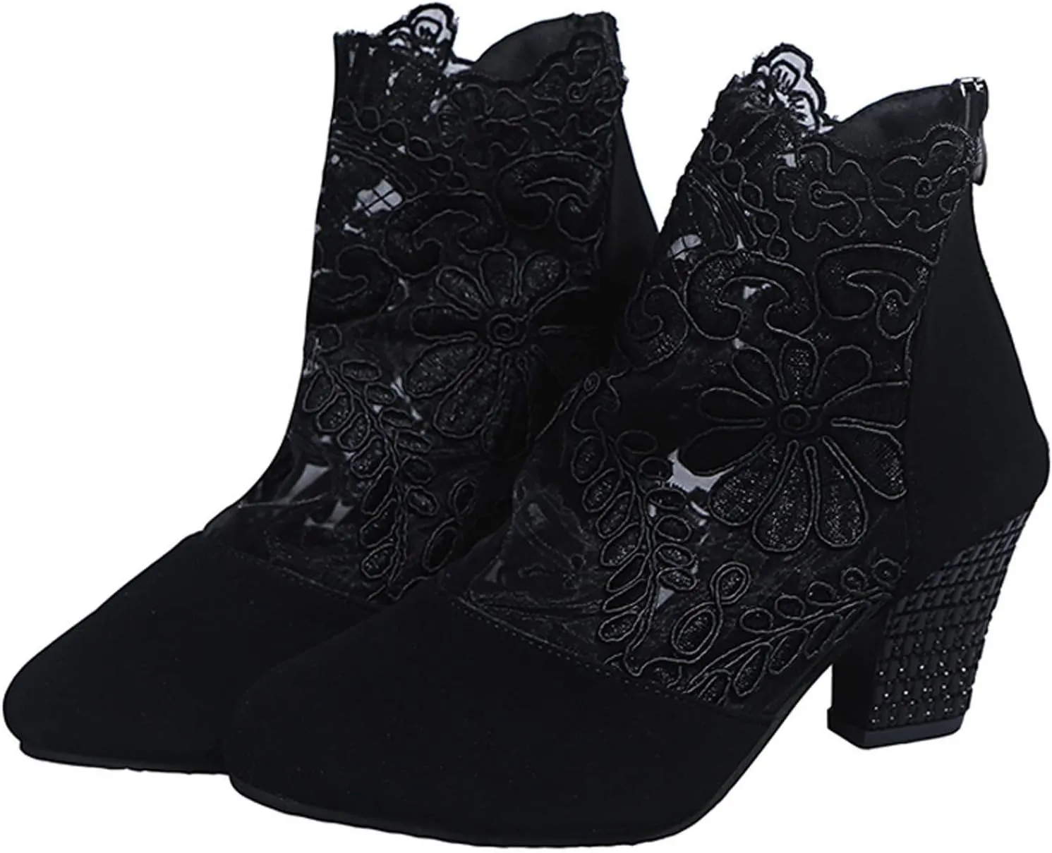 oiangi Womens Flowers Lace Mesh Sandals Thick Heel Casual Summer Closed Toe Back Zipper Chunky High Heel Shoes Elegant Comfortable Breathable Shoes