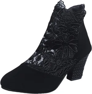 oiangi Womens Flowers Lace Mesh Sandals Thick Heel Casual Summer Closed Toe Back Zipper Chunky High Heel Shoes Elegant Comfortable Breathable Shoes