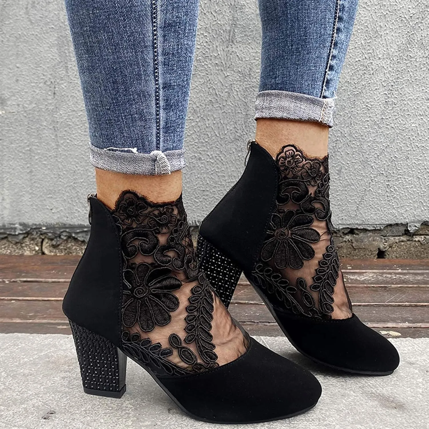 oiangi Womens Flowers Lace Mesh Sandals Thick Heel Casual Summer Closed Toe Back Zipper Chunky High Heel Shoes Elegant Comfortable Breathable Shoes