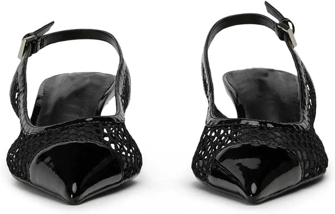 olomisa Mesh Slingback Pumps for Women,Kitten Heels with Pointed Toe Low Heel Sandals Ankle Strap Heels Slip-On Pumps