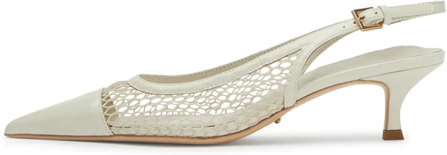 olomisa Mesh Slingback Pumps for Women,Kitten Heels with Pointed Toe Low Heel Sandals Ankle Strap Heels Slip-On Pumps