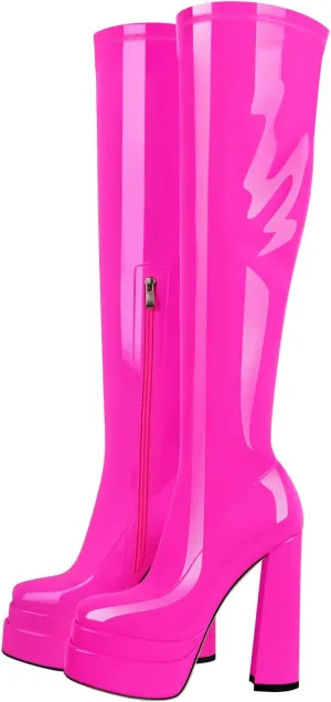onlymaker Double Platform Knee High Boots Chunky Heeled Square Toe side Zip up Stretchy Boots