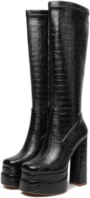 onlymaker Double Platform Knee High Boots Chunky Heeled Square Toe side Zip up Stretchy Boots