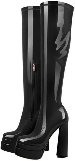onlymaker Double Platform Knee High Boots Chunky Heeled Square Toe side Zip up Stretchy Boots