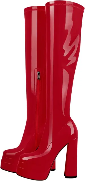 onlymaker Double Platform Knee High Boots Chunky Heeled Square Toe side Zip up Stretchy Boots