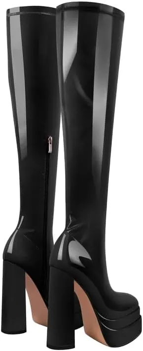 onlymaker Double Platform Knee High Boots Chunky Heeled Square Toe side Zip up Stretchy Boots
