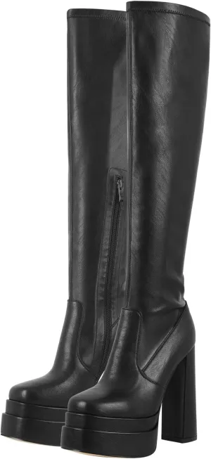 onlymaker Double Platform Knee High Boots Chunky Heeled Square Toe side Zip up Stretchy Boots