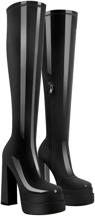 onlymaker Double Platform Knee High Boots Chunky Heeled Square Toe side Zip up Stretchy Boots