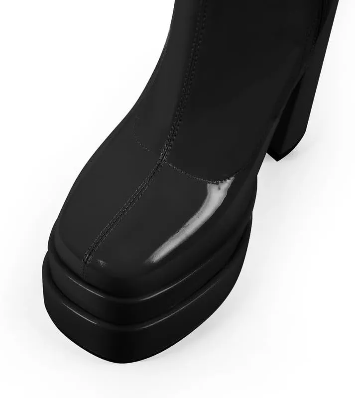 onlymaker Double Platform Knee High Boots Chunky Heeled Square Toe side Zip up Stretchy Boots
