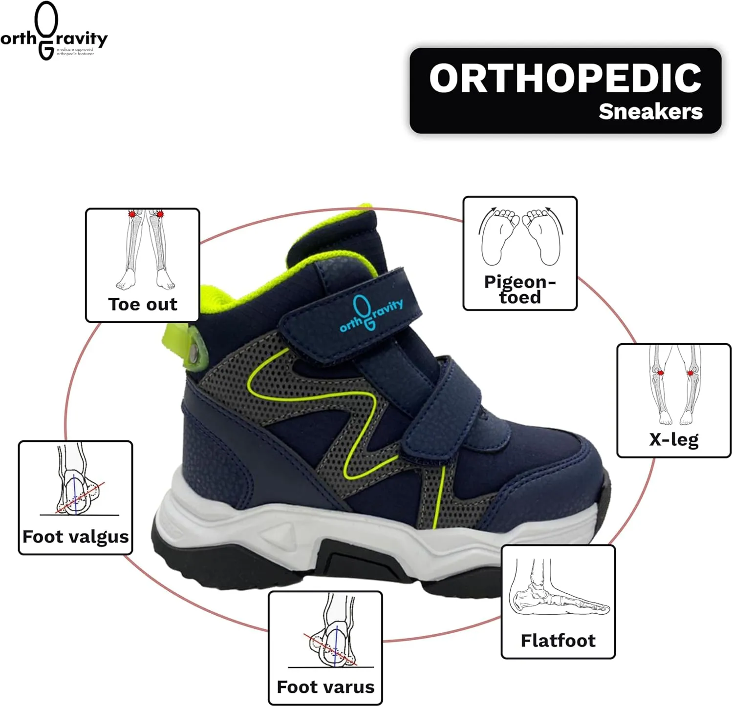 Orthopedic Comfort Kids High Top Sneakers, Wide Opening, Removable Inserts