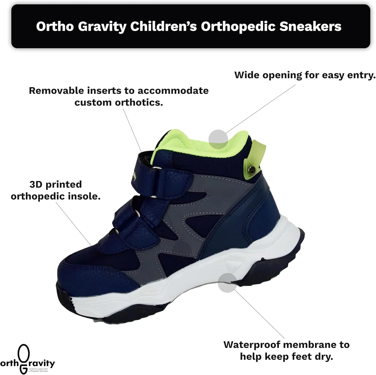Orthopedic Comfort Kids High Top Sneakers, Wide Opening, Removable Inserts