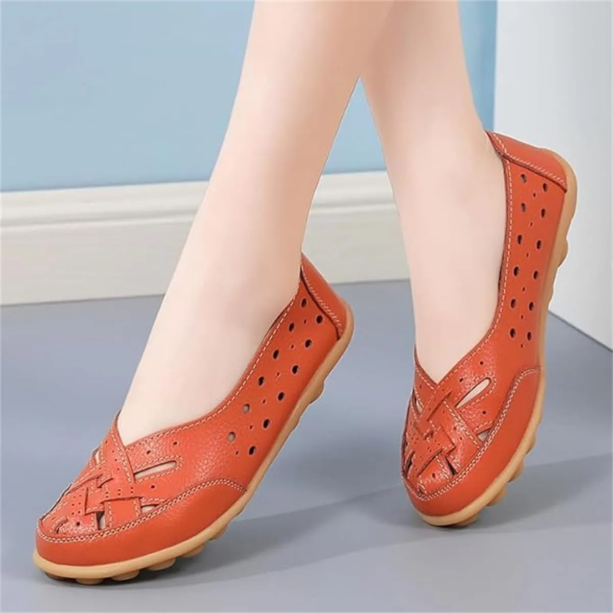 Orthopedic Loafers in Breathable Leather,Womens Casual Soft Sole Hollow Slip On Flat Shoes,Fashion Closed Toe Boat Shoes