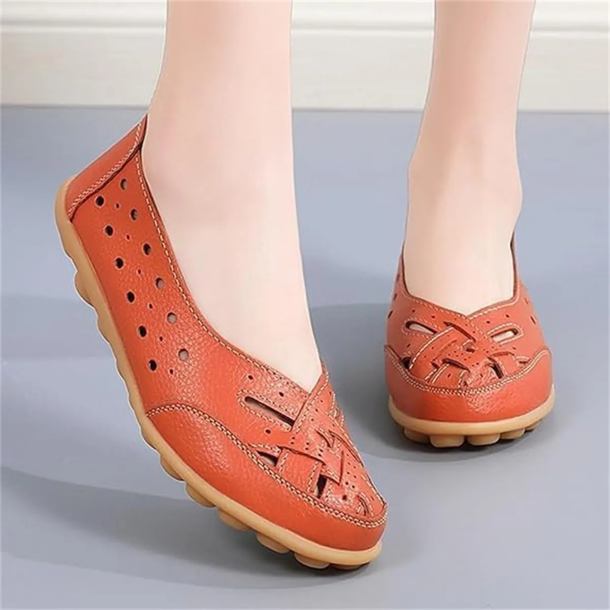 Orthopedic Loafers in Breathable Leather,Womens Casual Soft Sole Hollow Slip On Flat Shoes,Fashion Closed Toe Boat Shoes