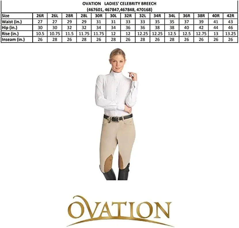 Ovation Women's Celebrity Front Zip Knee Patch Equestrian Horse Riding Breeches