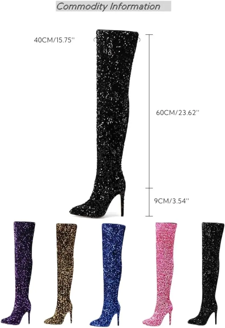 Over The Knee Thigh High Glitter Boots Stilettos Heel Boots Rhinestone Sequin High Heel Boots Pointed Toe Fashion Trendy Side Zipper Sparkly Ladies Party Dress Boots