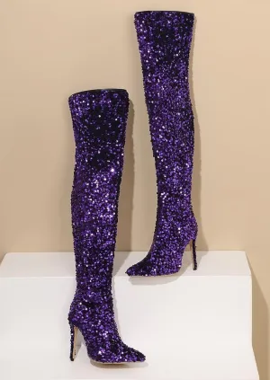 Over The Knee Thigh High Glitter Boots Stilettos Heel Boots Rhinestone Sequin High Heel Boots Pointed Toe Fashion Trendy Side Zipper Sparkly Ladies Party Dress Boots