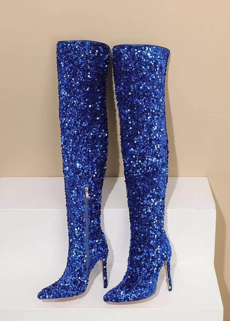 Over The Knee Thigh High Glitter Boots Stilettos Heel Boots Rhinestone Sequin High Heel Boots Pointed Toe Fashion Trendy Side Zipper Sparkly Ladies Party Dress Boots