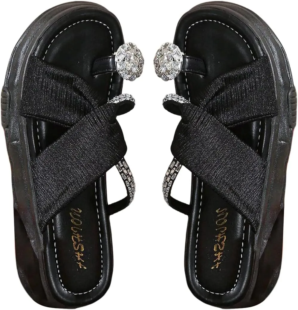 OYOANGLE Women's Rhinestone Crossed Strap Toe Ring Sandals Comfy Platform Flip Flops Elegant Outdoor Slippers