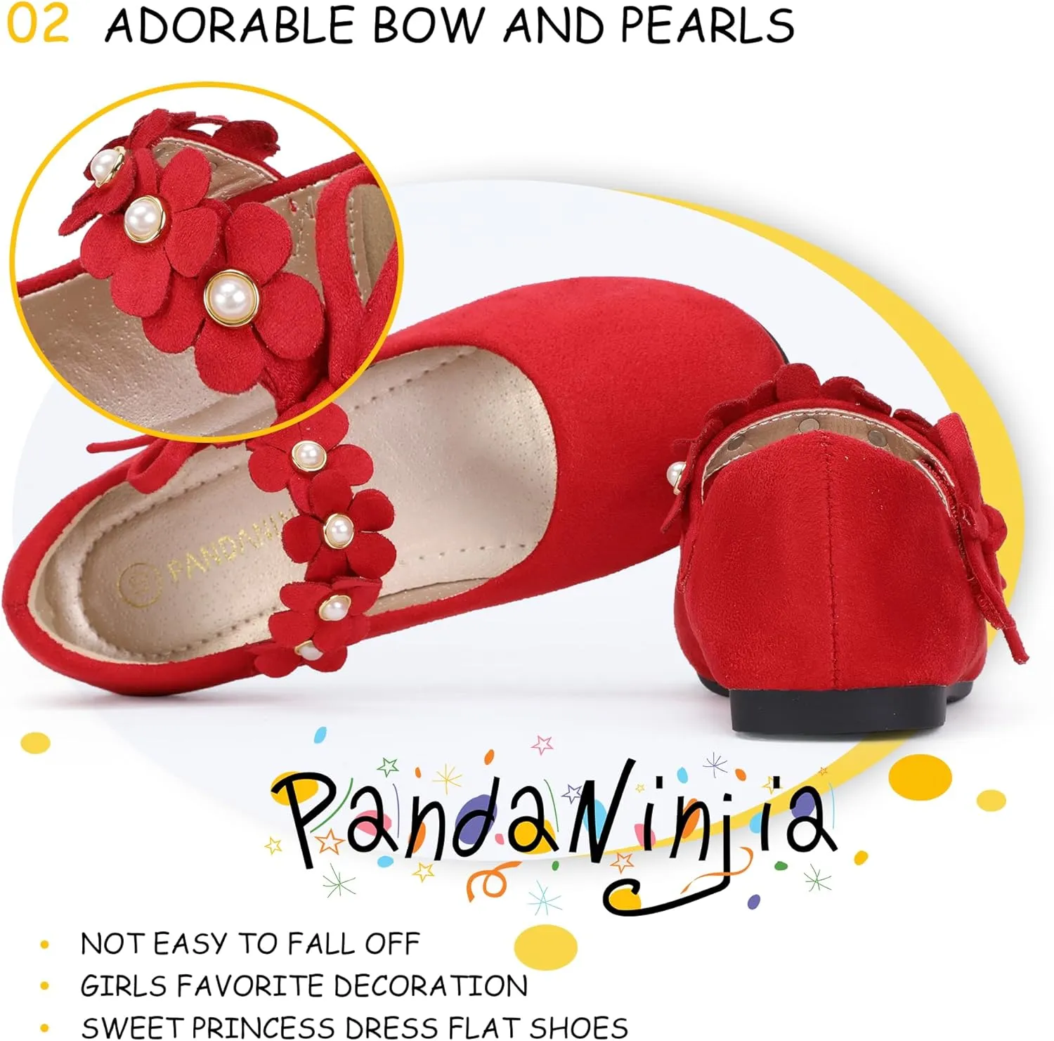 PANDANINJIA Toddler Girls Dress Shoes Flower Girl Flats Pearls Bow Mary Jane Wedding Party Flora Shoes