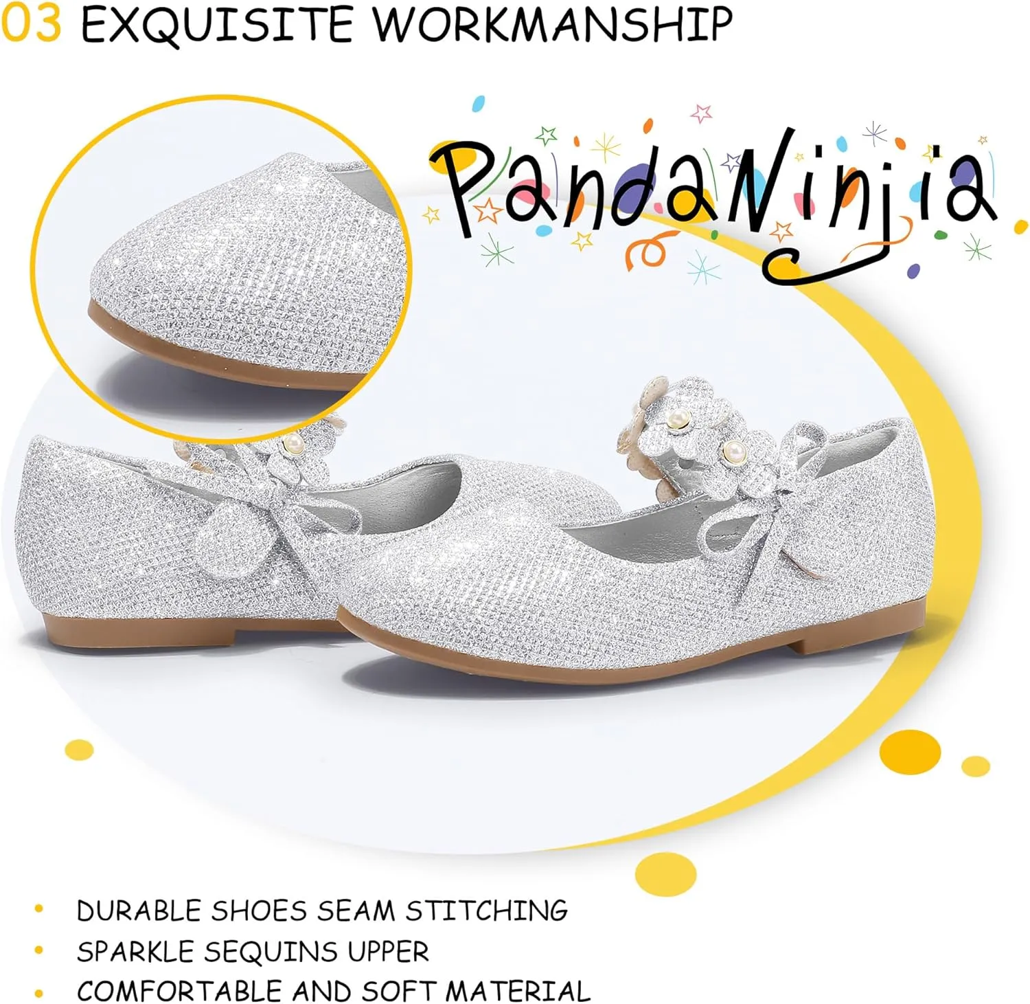 PANDANINJIA Toddler Girls Dress Shoes Flower Girl Flats Pearls Bow Mary Jane Wedding Party Flora Shoes