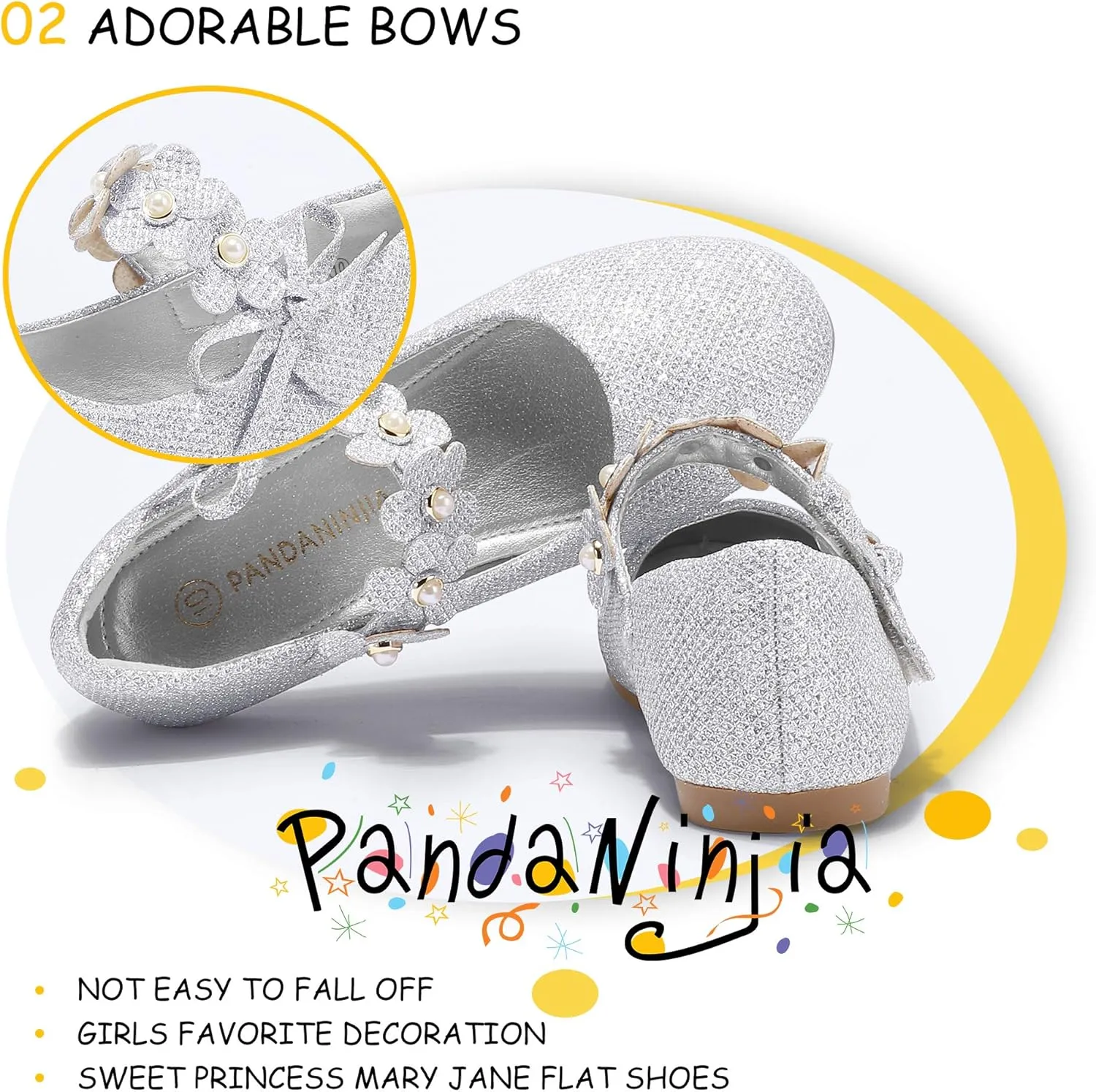 PANDANINJIA Toddler Girls Dress Shoes Flower Girl Flats Pearls Bow Mary Jane Wedding Party Flora Shoes