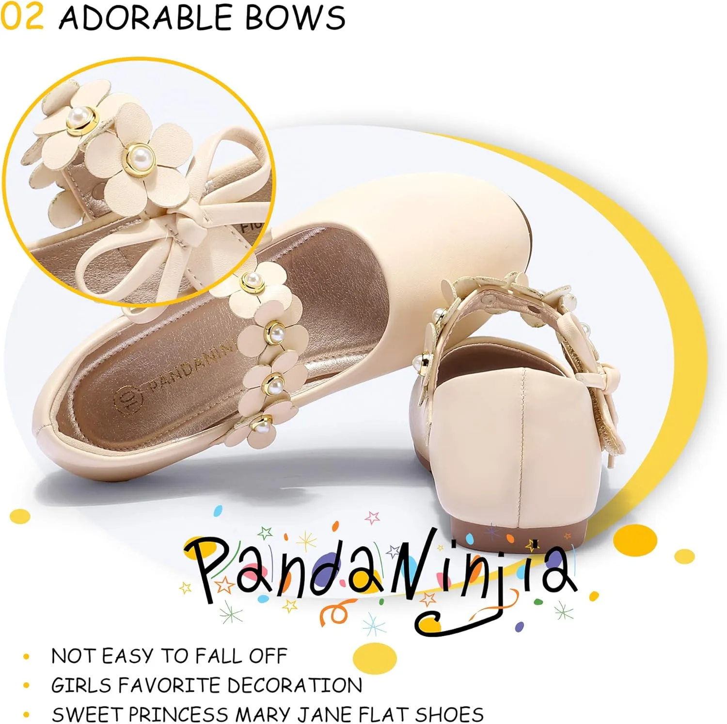 PANDANINJIA Toddler Girls Dress Shoes Flower Girl Flats Pearls Bow Mary Jane Wedding Party Flora Shoes