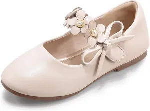 PANDANINJIA Toddler Girls Dress Shoes Flower Girl Flats Pearls Bow Mary Jane Wedding Party Flora Shoes