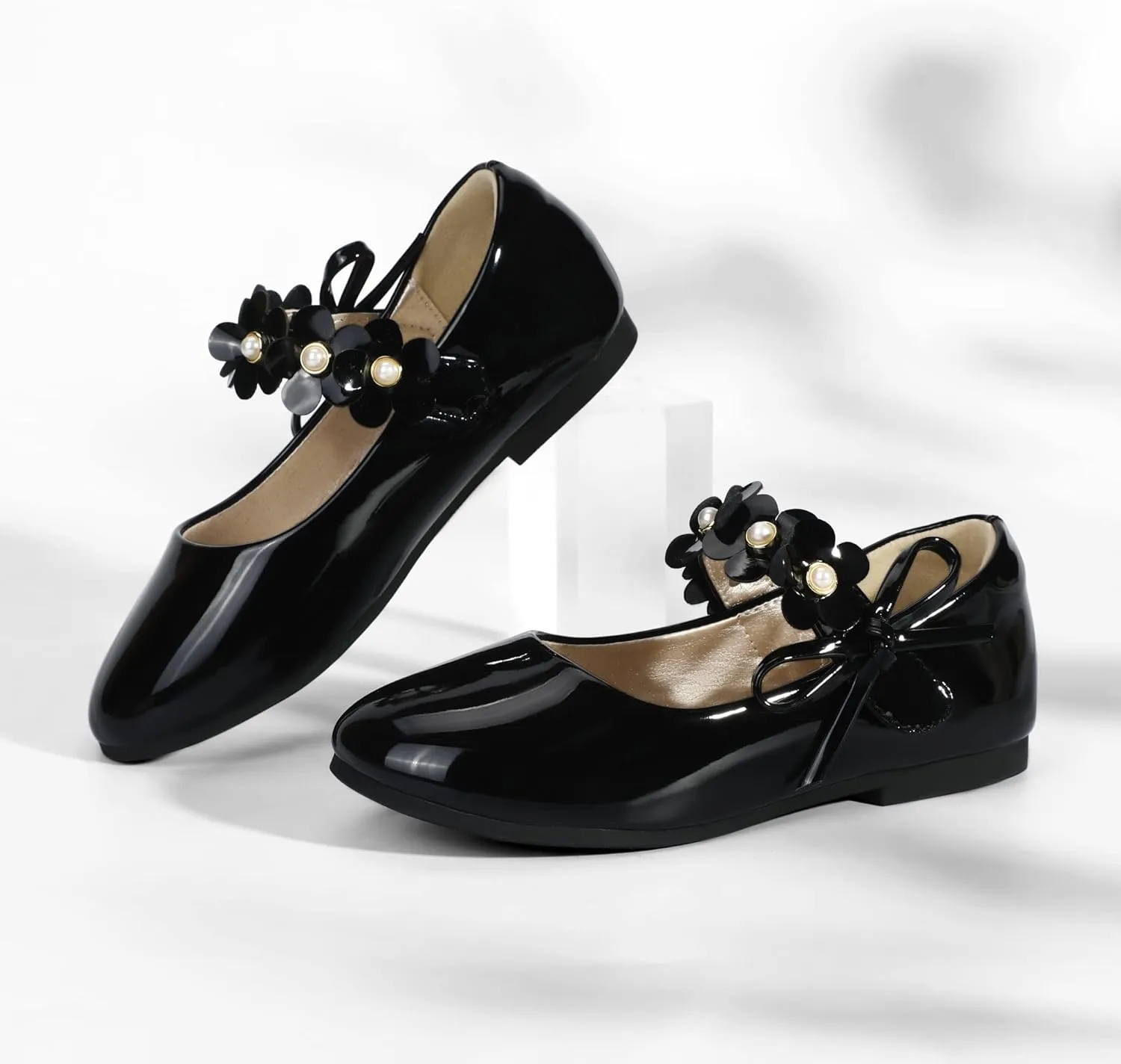 PANDANINJIA Toddler Girls Dress Shoes Flower Girl Flats Pearls Bow Mary Jane Wedding Party Flora Shoes
