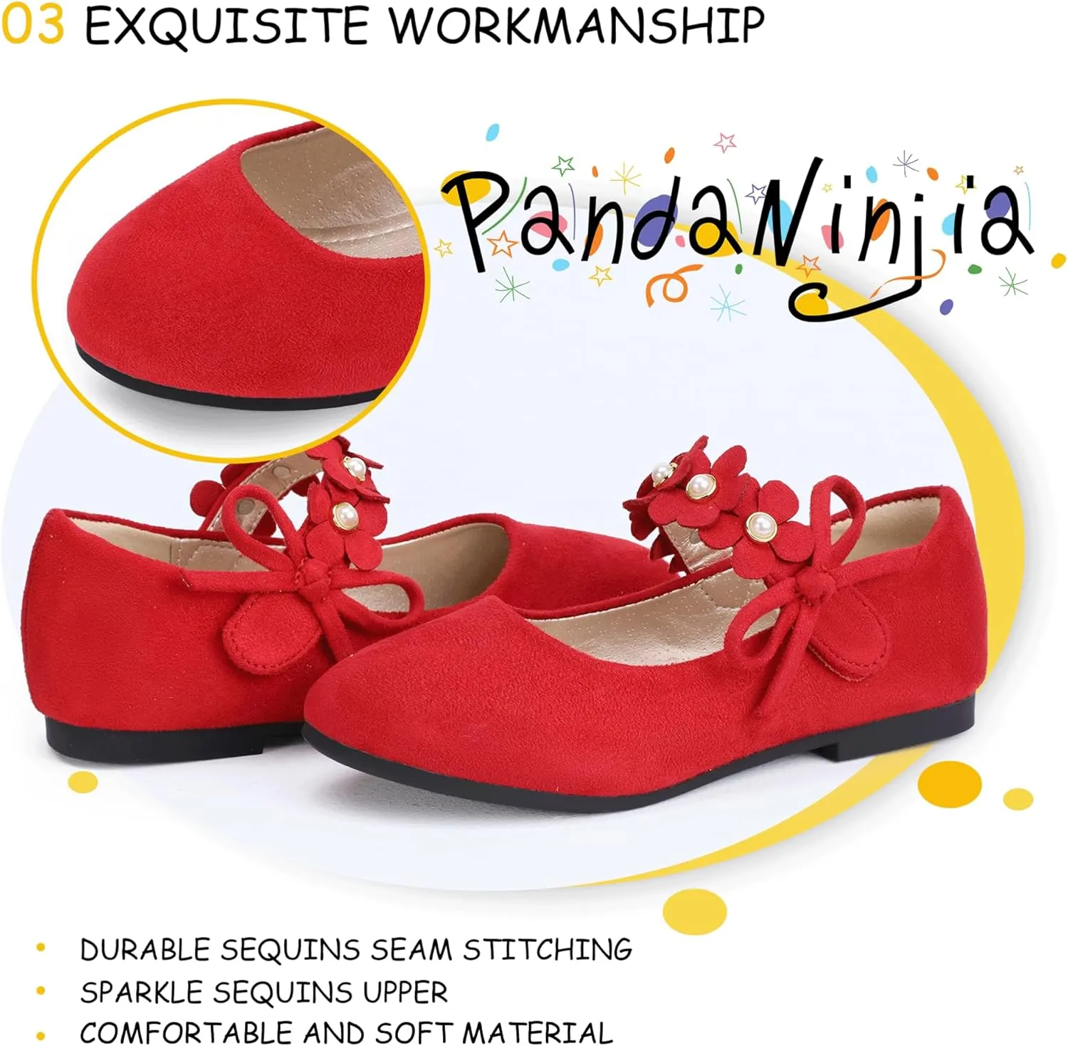 PANDANINJIA Toddler Girls Dress Shoes Flower Girl Flats Pearls Bow Mary Jane Wedding Party Flora Shoes